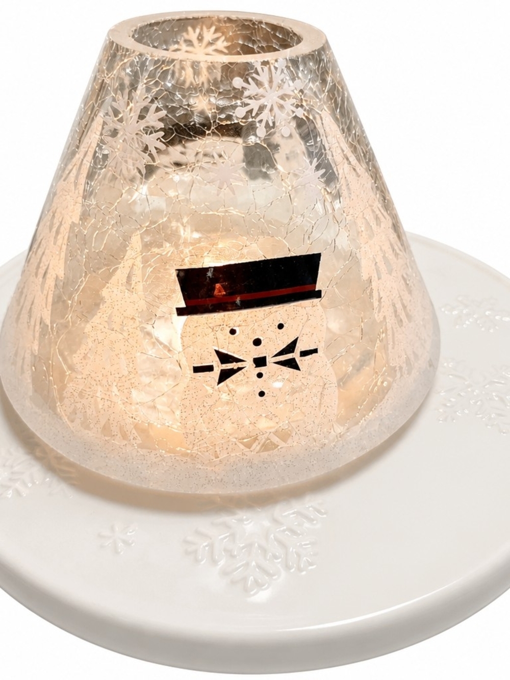 Christmas Snowman Crackle Glass Candle Jar Shade 4.5"X5.5"